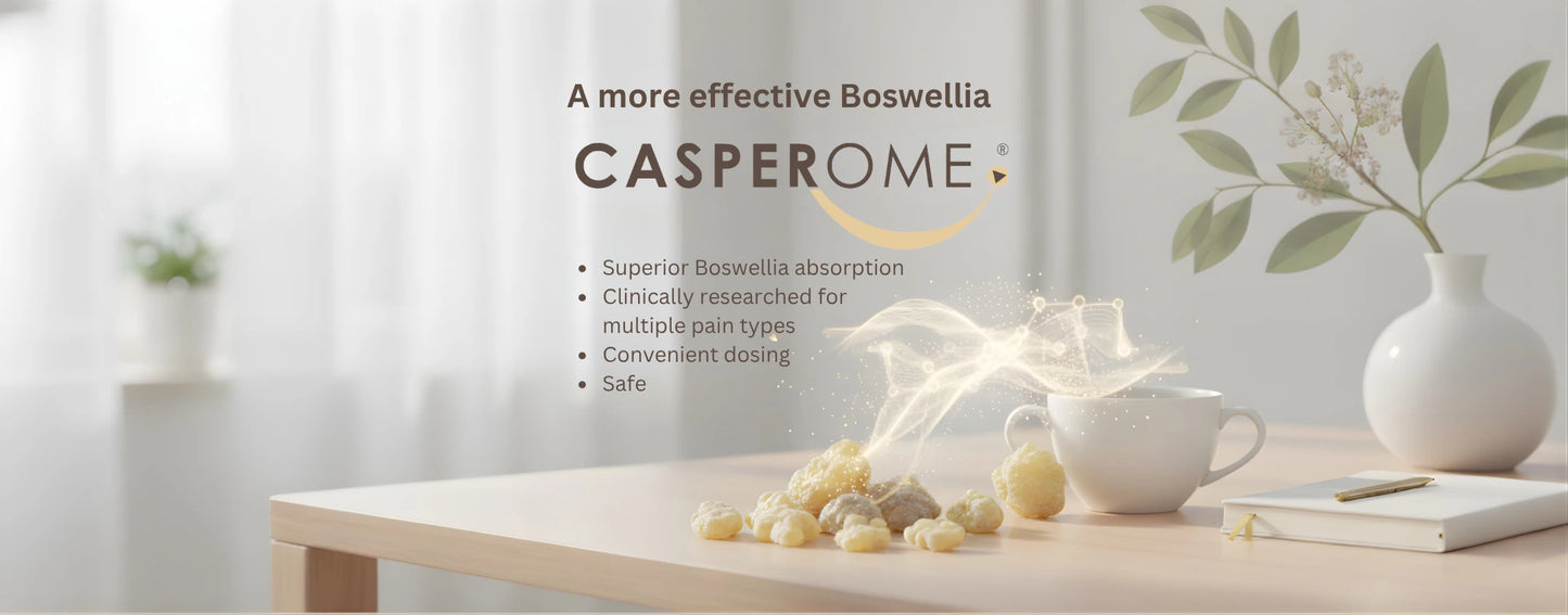 Casperome Boswellia product on a table with a white curtain and plant in the background