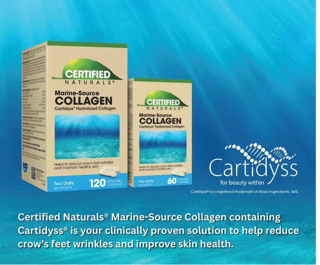 Two boxes of Certified Naturals Marine-Source Collagen with a blue underwater background.