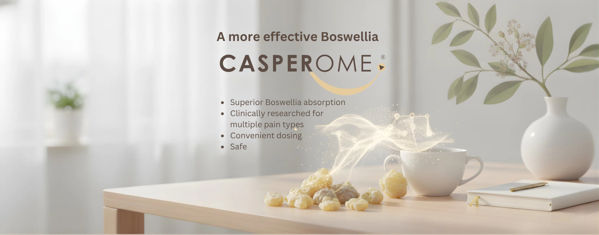 Casperome Boswellia product on a table with a white curtain and plant in the background