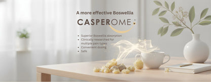 Casperome Boswellia product on a table with a white curtain and plant in the background