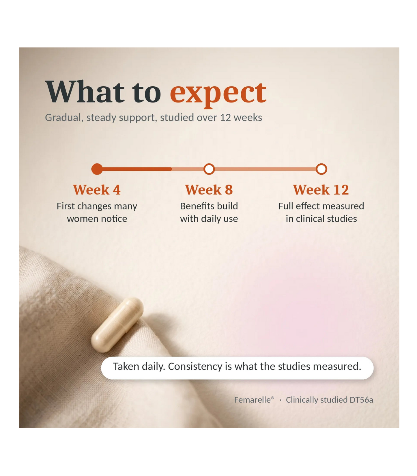 An informational graphic with the headline 'What to expect' on a warm beige background, showing a pill and text about gradual, steady support over 12 weeks. A horizontal timeline marks Week 4, Week 8, and Week 12 with supporting copy.