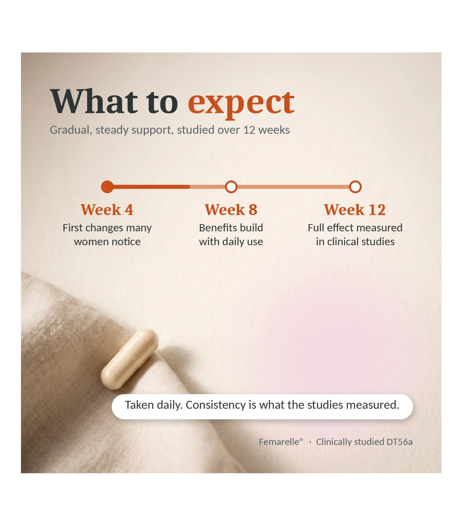 An informational graphic with the headline 'What to expect' on a warm beige background, showing a pill and text about gradual, steady support over 12 weeks. A horizontal timeline marks Week 4, Week 8, and Week 12 with supporting copy.