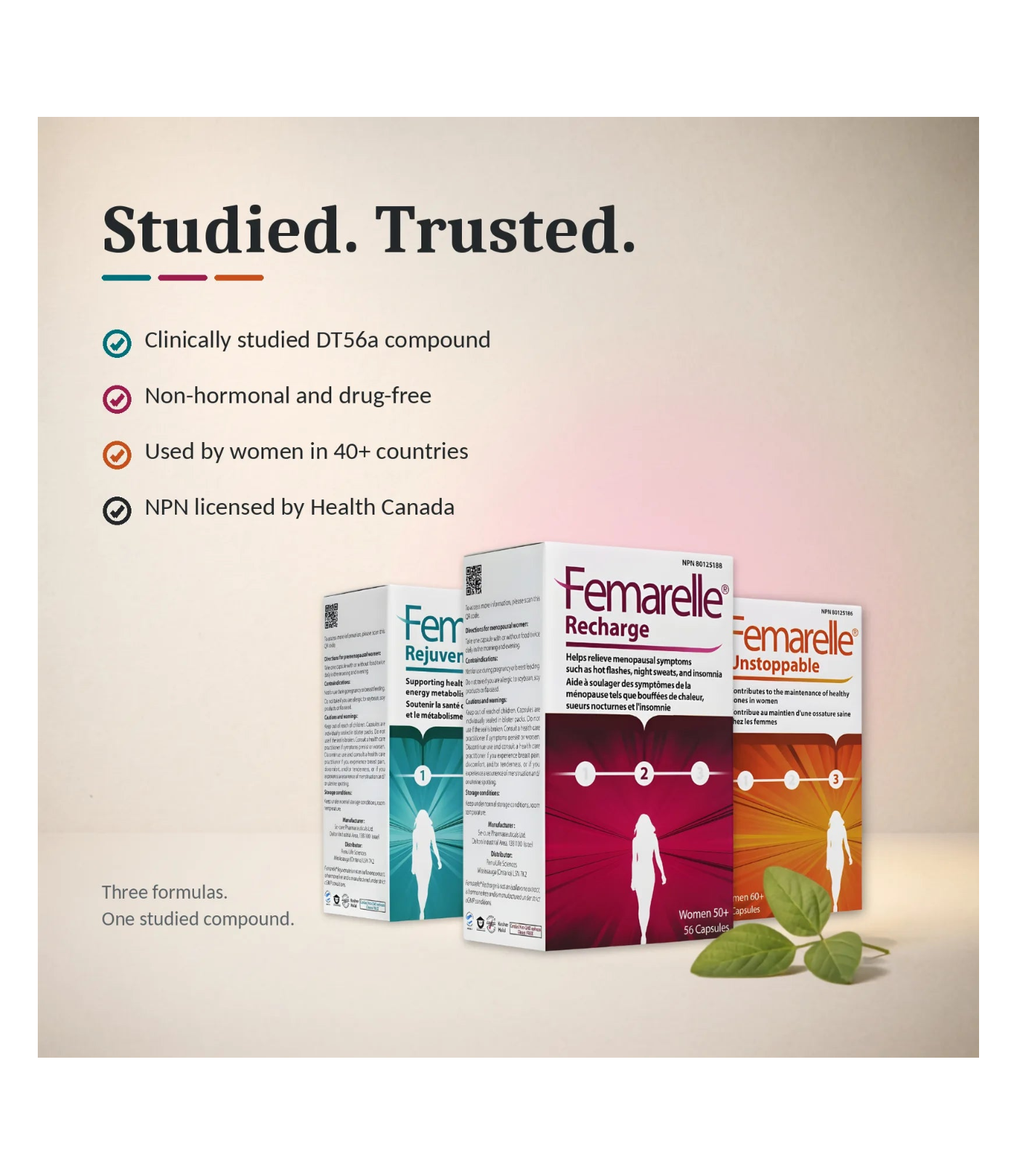Three Femarellre supplement boxes are displayed on a beige background with marketing text and a small green leaf sprig. The boxes are labeled Recharge, Antistoppable, and Rejurer, with different color designs.