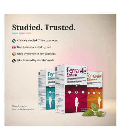 Three Femarellre supplement boxes are displayed on a beige background with marketing text and a small green leaf sprig. The boxes are labeled Recharge, Antistoppable, and Rejurer, with different color designs.