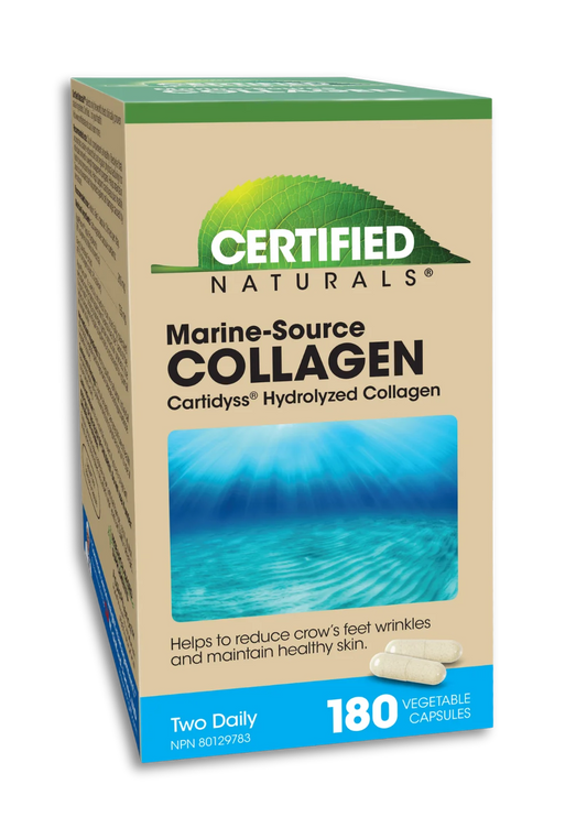 A box of Certified Naturals Marine-Source Collagen dietary supplement, featuring a beige background with green and blue branding and a blue ocean graphic on the front, set against a plain white background.
