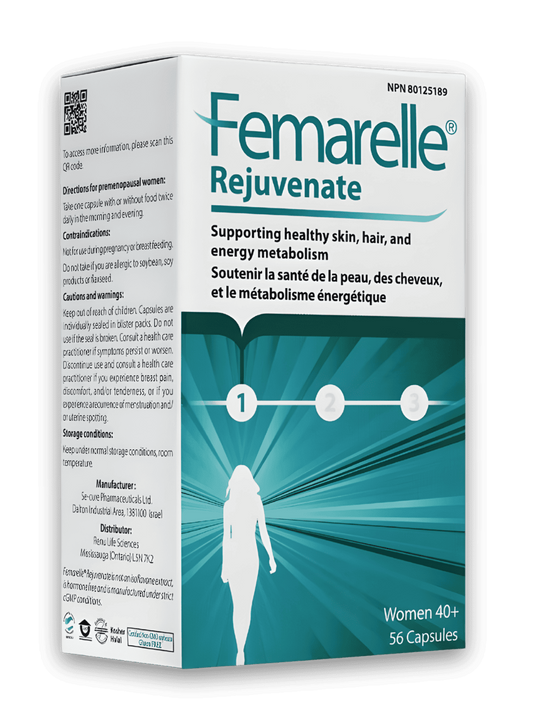 Femarelle Rejuvenate supplement packaging on a green background