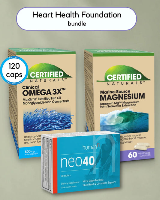 Heart health supplement bundle with Certified Naturals Omega 3X and Marine-Source Magnesium, and neo40 on a gray background.