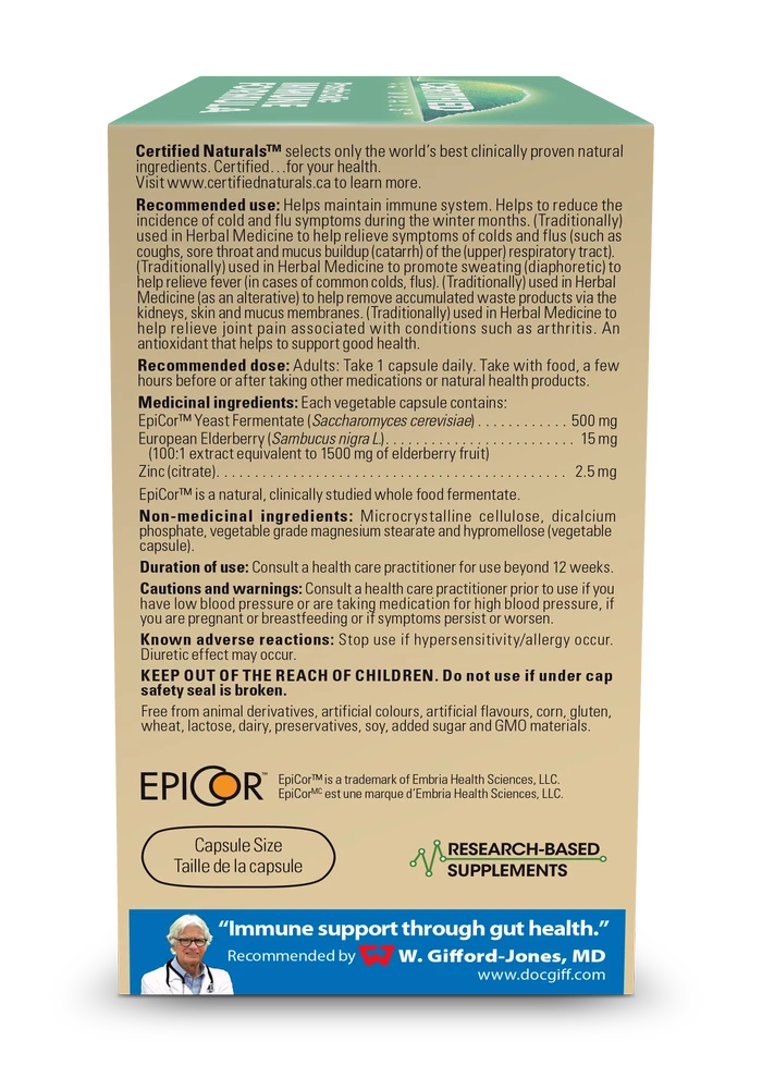 EpiCor Postbiotic Immune Formula, Fermented Yeast with Elderberry & Zinc, 60 Capsules
