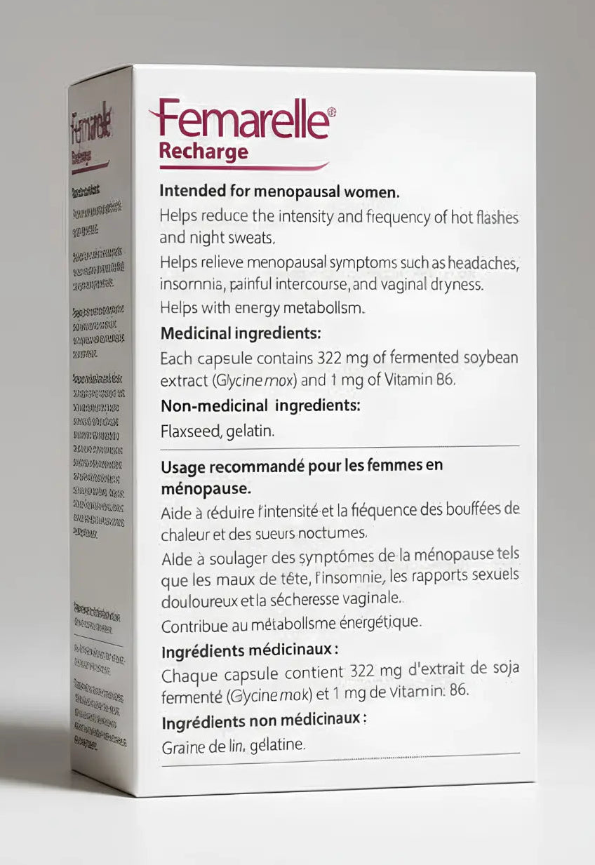 Femarelle Recharge packaging on a gray background