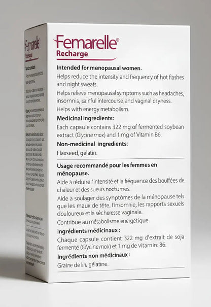 Femarelle Recharge packaging on a gray background