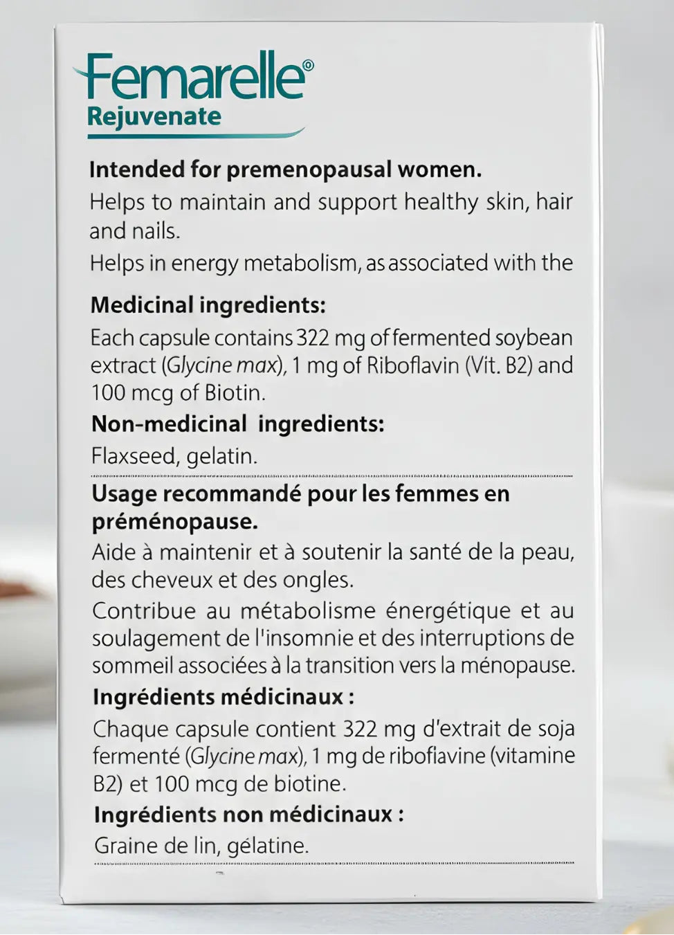Femarelle Rejuvenate supplement packaging with text on a white background