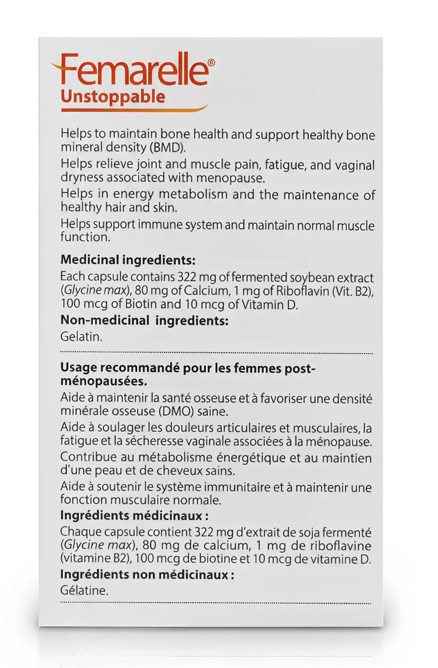 Femarelle Unstoppable supplement packaging with text on a white background